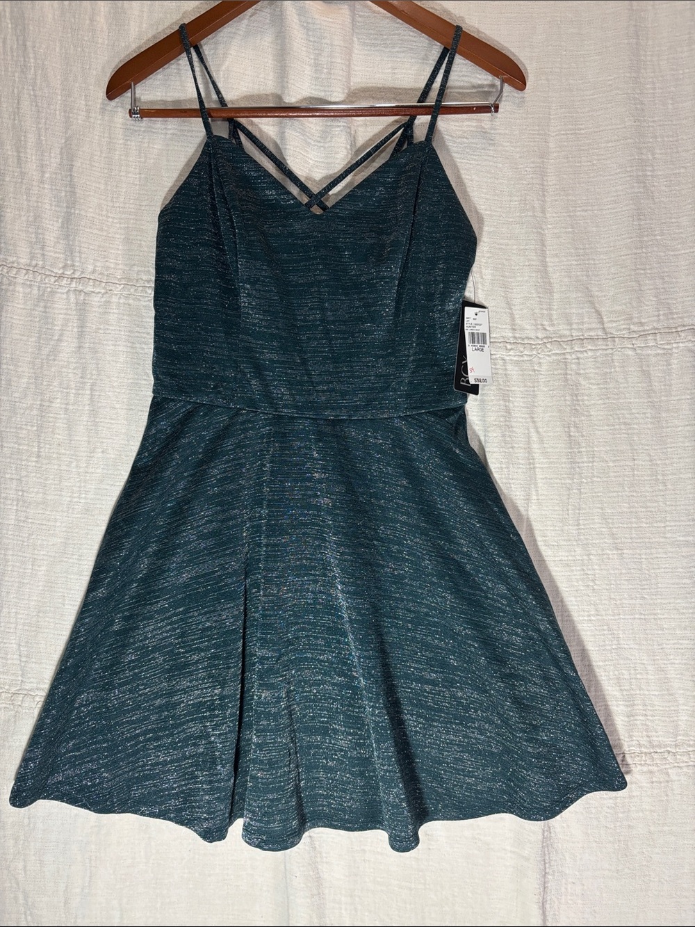 BCX Hunter Green Shimmer Strappy Fit-and-Flare Mini Dress Spaghetti straps